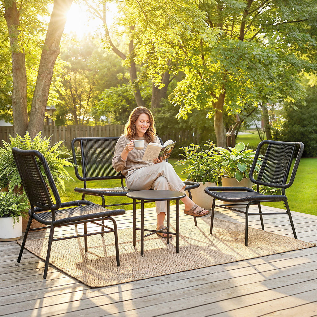 Solarias Ensemble mobilier de jardin en rotin 4 pièces, canapé extérieur avec table métal, noir