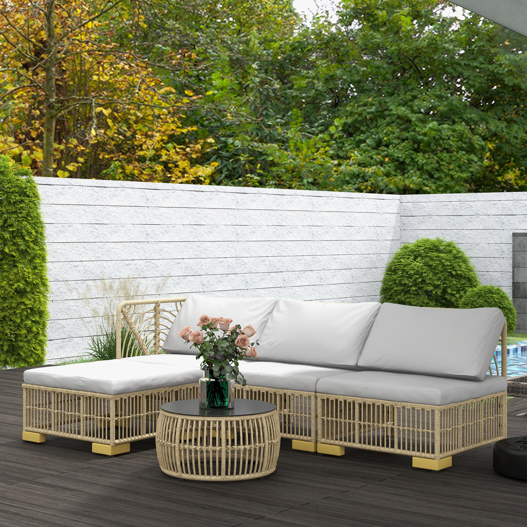 Solarias Ensemble 5 pièces salon de jardin bas modulables pour 4 personnes en résine tressée aspect rotin