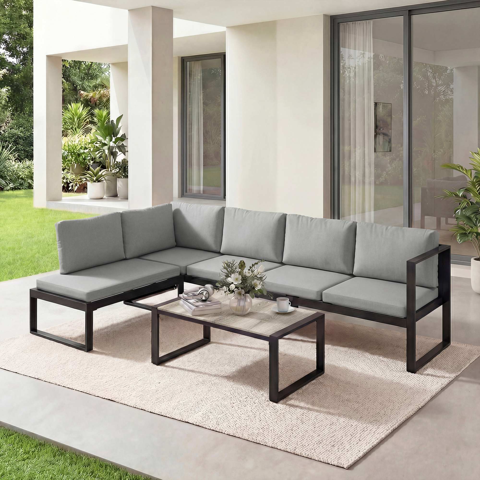 Solarias Salon de Jardin Extérieur d'Angle 5 Personnes avec 2 Canapés, Chaise Sans Accoudoirs, Table Basse, Gris Foncé