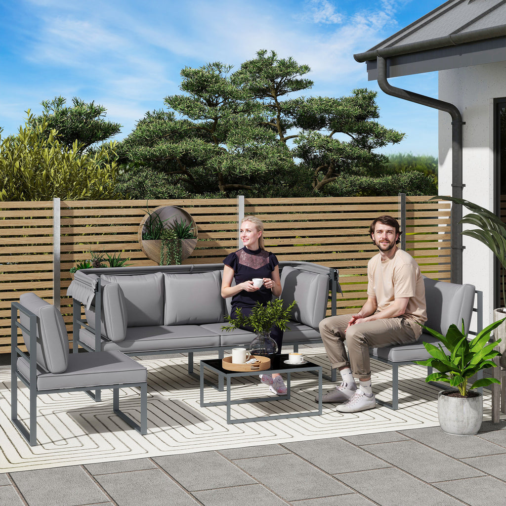 Solarias Salon de jardin extérieur 4 pièces modulaire avec canapé, fauteuil et table basse en verre trempé, coussins inclus,