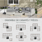 Solarias Ensemble salon de jardin 7 pièces modulables table basse plateau verre trempé coussins déhoussables inclus gris