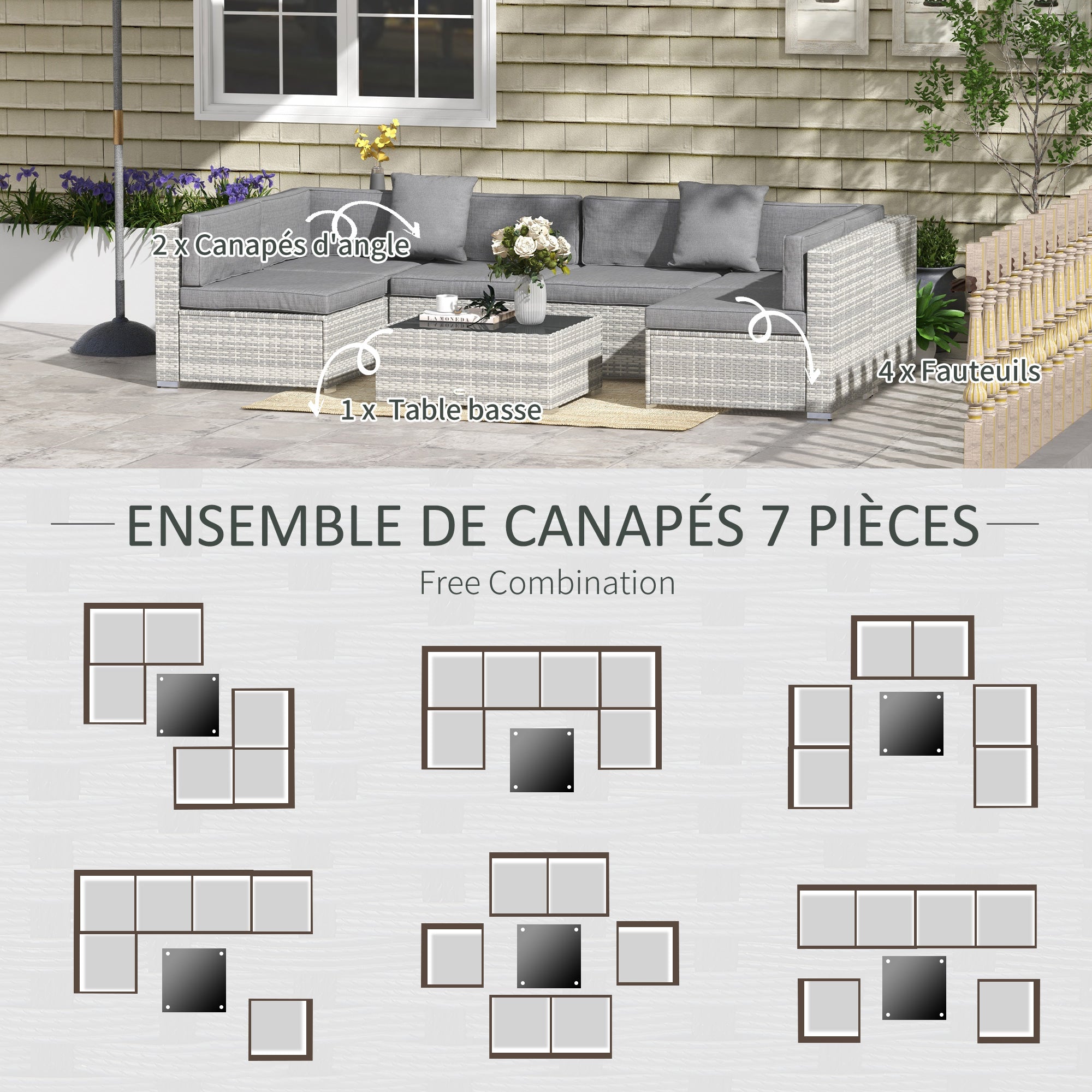Solarias Ensemble salon de jardin 7 pièces modulables table basse plateau verre trempé coussins déhoussables inclus gris