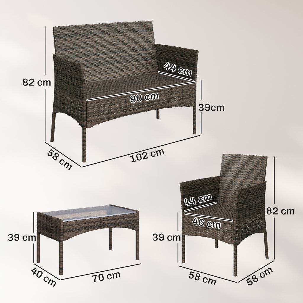 Solarias Salon de jardin extérieur 4 personnes en résine tressée avec canapés et table basse en verre trempé coussins inclus