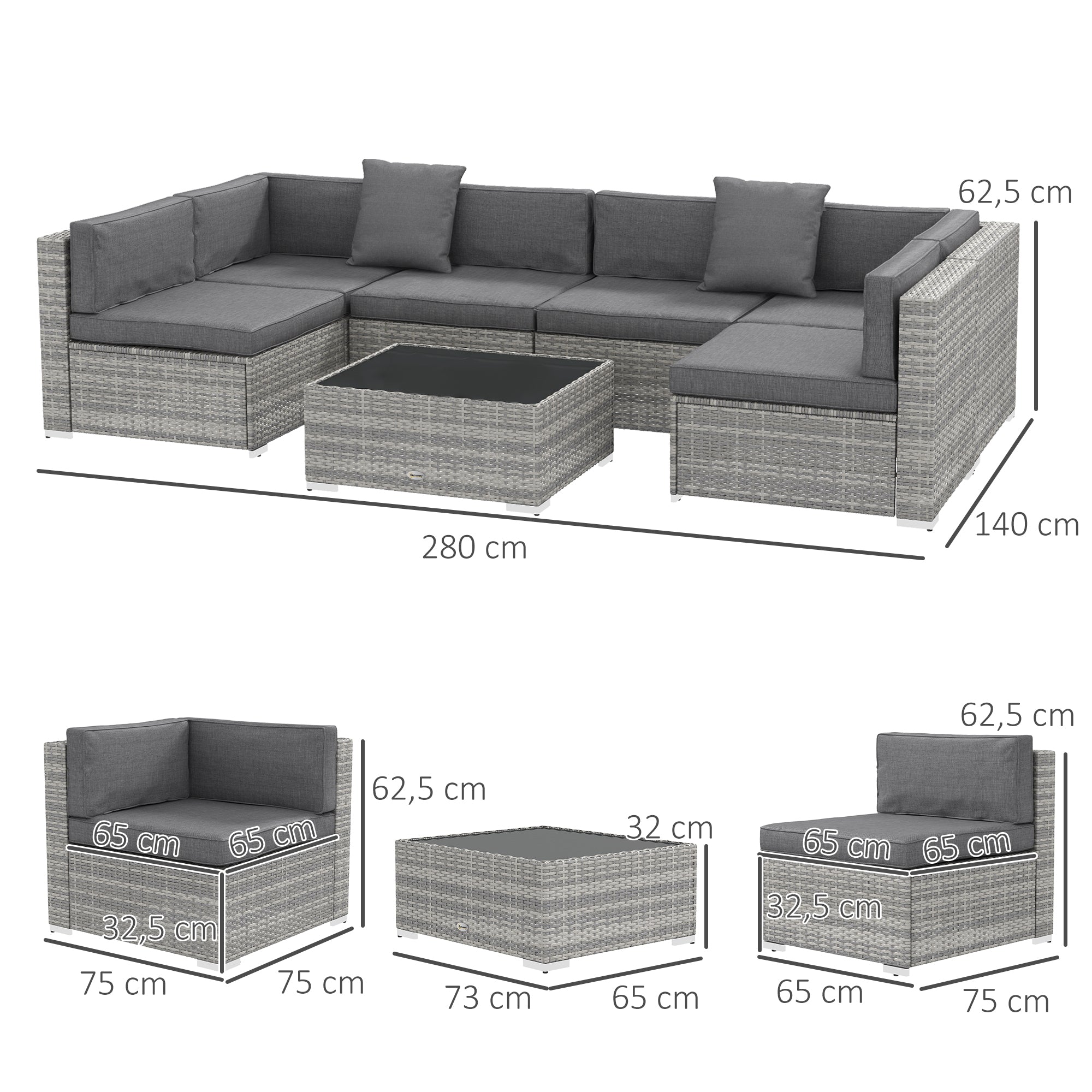 Solarias Ensemble salon de jardin 7 pièces modulables table basse plateau verre trempé coussins déhoussables inclus gris