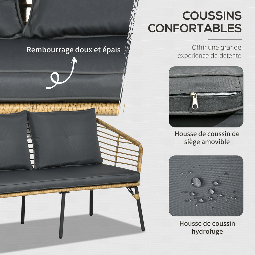 Solarias Ensemble salon de jardin 4 pièces canapé 2 places 2 fauteuils 1 table basse 7 coussins métal et résine imitation ro