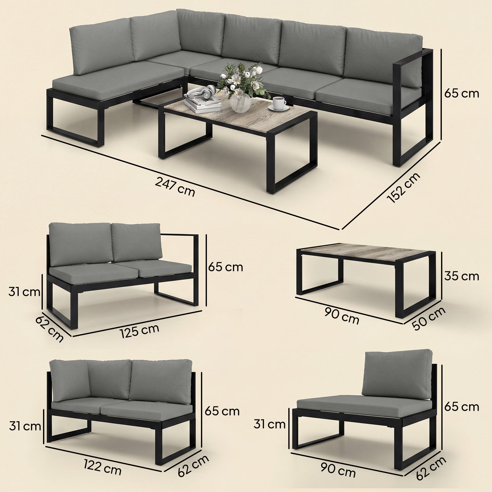 Solarias Salon de Jardin Extérieur d'Angle 5 Personnes avec 2 Canapés, Chaise Sans Accoudoirs, Table Basse, Gris Foncé