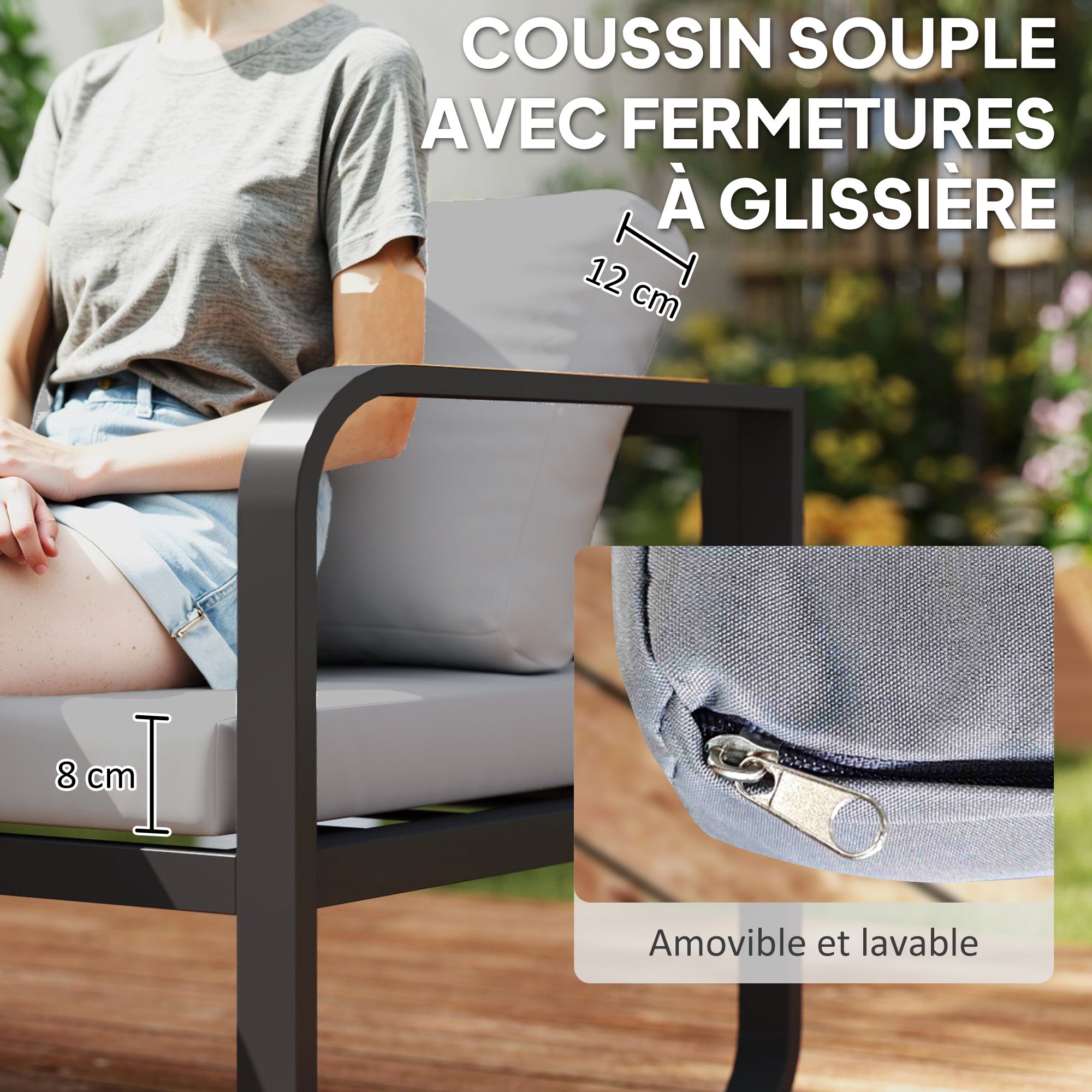 Solarias Salon de jardin extérieur 3 pièces en L avec canapés et table basse en verre, assise réglable 5 positions, gris