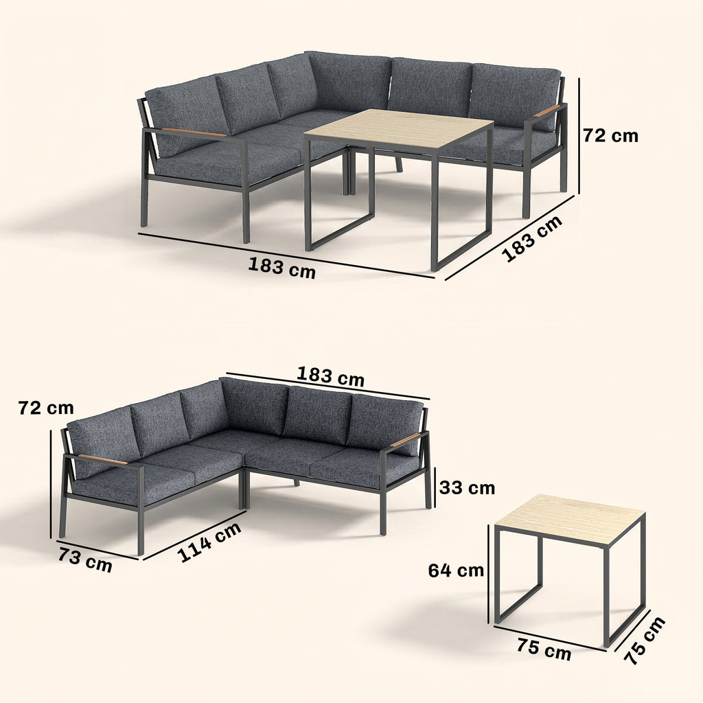 Solarias Salon de Jardin Extérieur 3 Pièces 5 Personnes, 2 Canapés avec Coussins Épais, 1 Table Basse, 183x183x72cm, Gris Fo