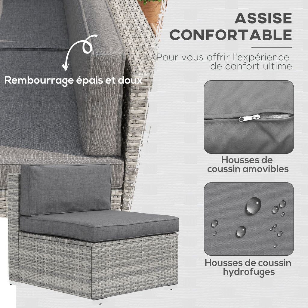 Solarias Ensemble salon de jardin 7 pièces modulables table basse plateau verre trempé coussins déhoussables inclus gris