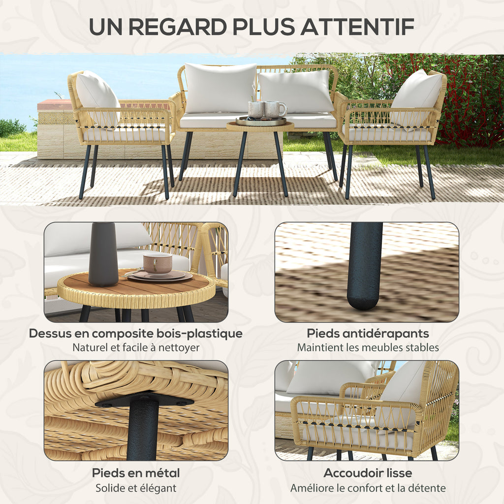Solarias Ensemble salon de jardin 4 pièces canapé 2 places 2 fauteuils avec 7 coussins 1 table basse ronde, résine tressée
