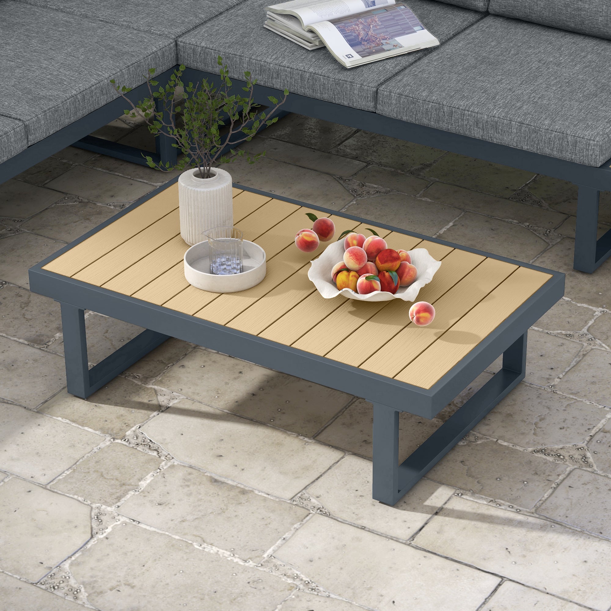Solarias Ensemble salon de jardin d'angle design 5 places coussins table basse alu. gris anthracite et imitation bois