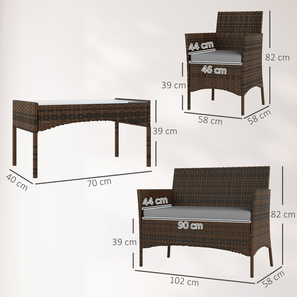 Solarias Ensemble de meubles de jardin en rotin synthétique avec canapé, fauteuils et table en verre trempé et coussins marr