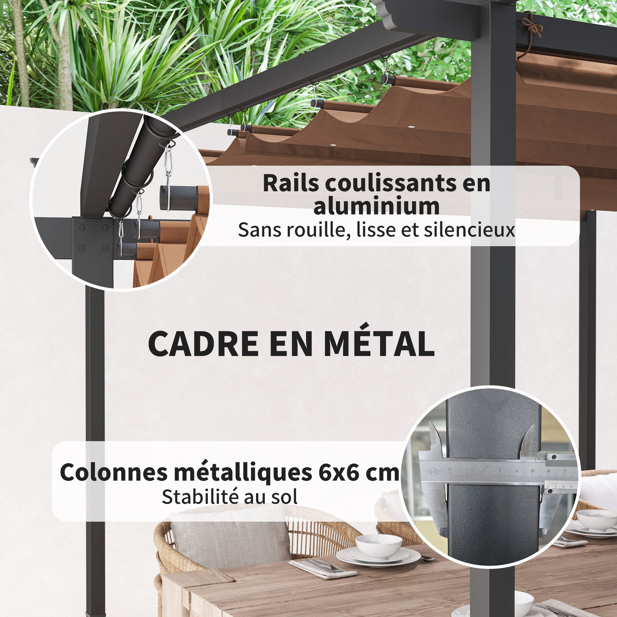 Solarias Pergola jardin exterieur 3x3 m toit coulissante rétractable polyester haute densité 180g/m², abri soleil UPF30+, ma