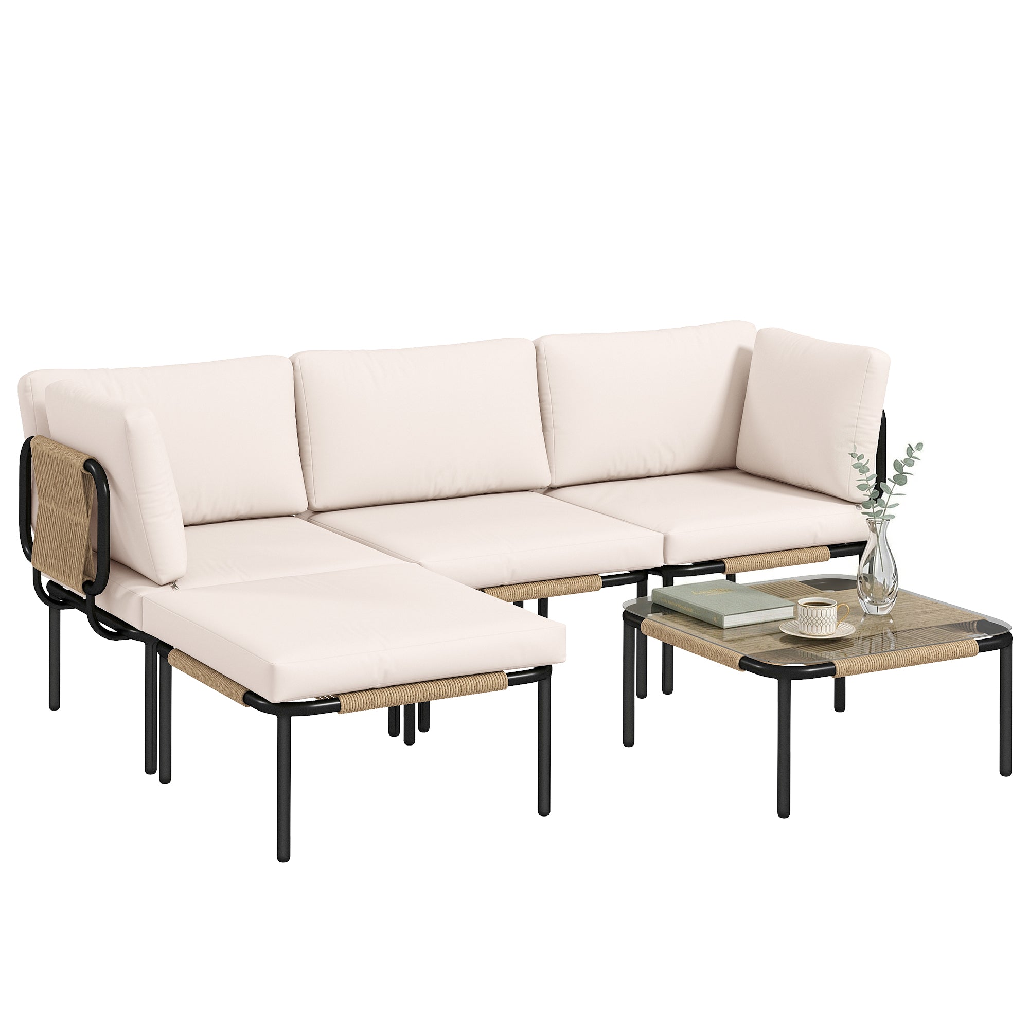 Solarias Ensemble lounge en Polyrattan 5 pièces avec 3 fauteuils, table en verre, repose-pieds, assise large & profonde, cou