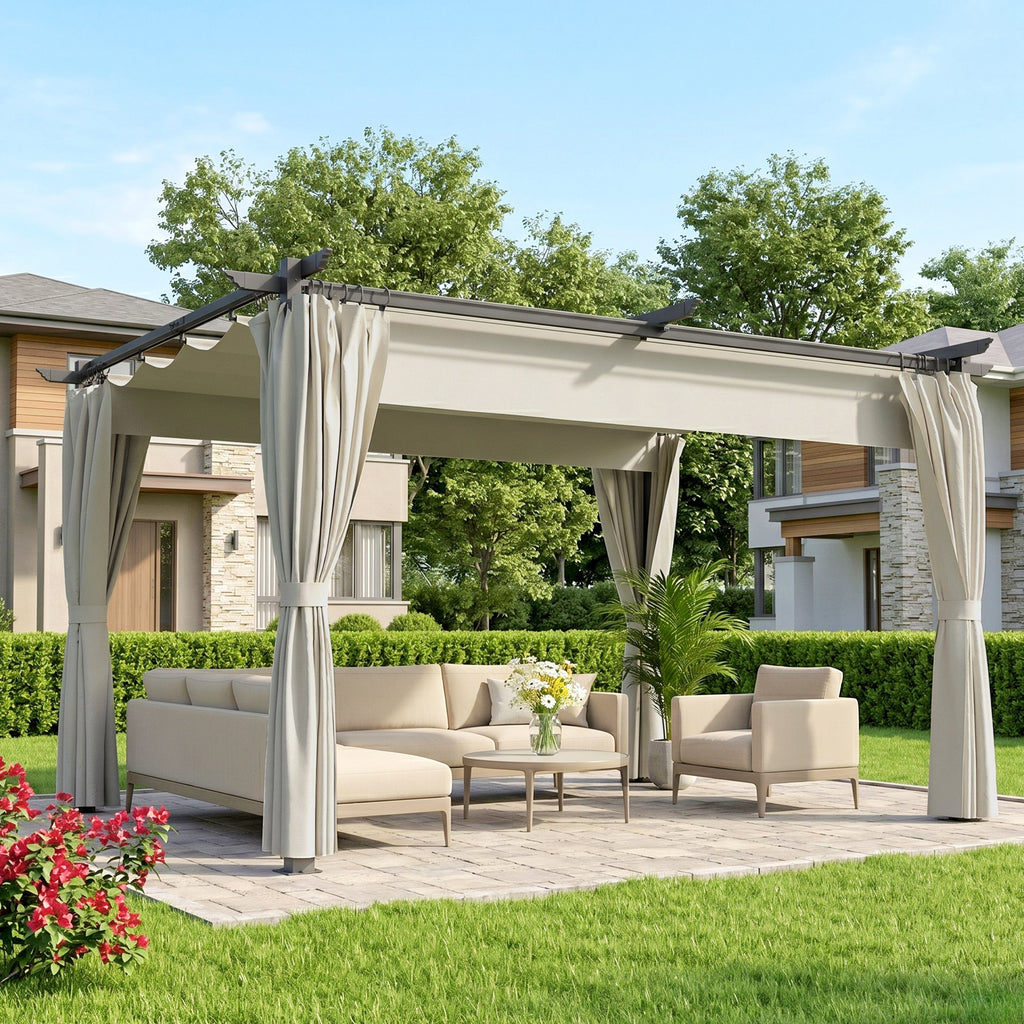 Solarias Pergola de jardin exterieur 3 x 4 m, toit rétractable et rideaux, anti-UV UPF30+, pour barbecue, patio, terrasse, c