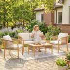Solarias Salon de Jardin Extérieur 4 Pièces avec Canapé 2 Fauteuils Table Coussins, Acier Résine Tressée, 120x72x73cm, Kaki