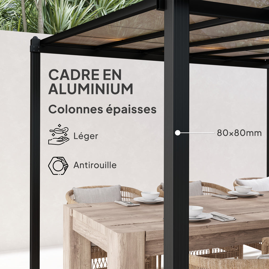 Solarias Pergola jardin extérieur en aluminium 3 x 3 m avec toit en polycarbonate imperméable et système de drainage, gris