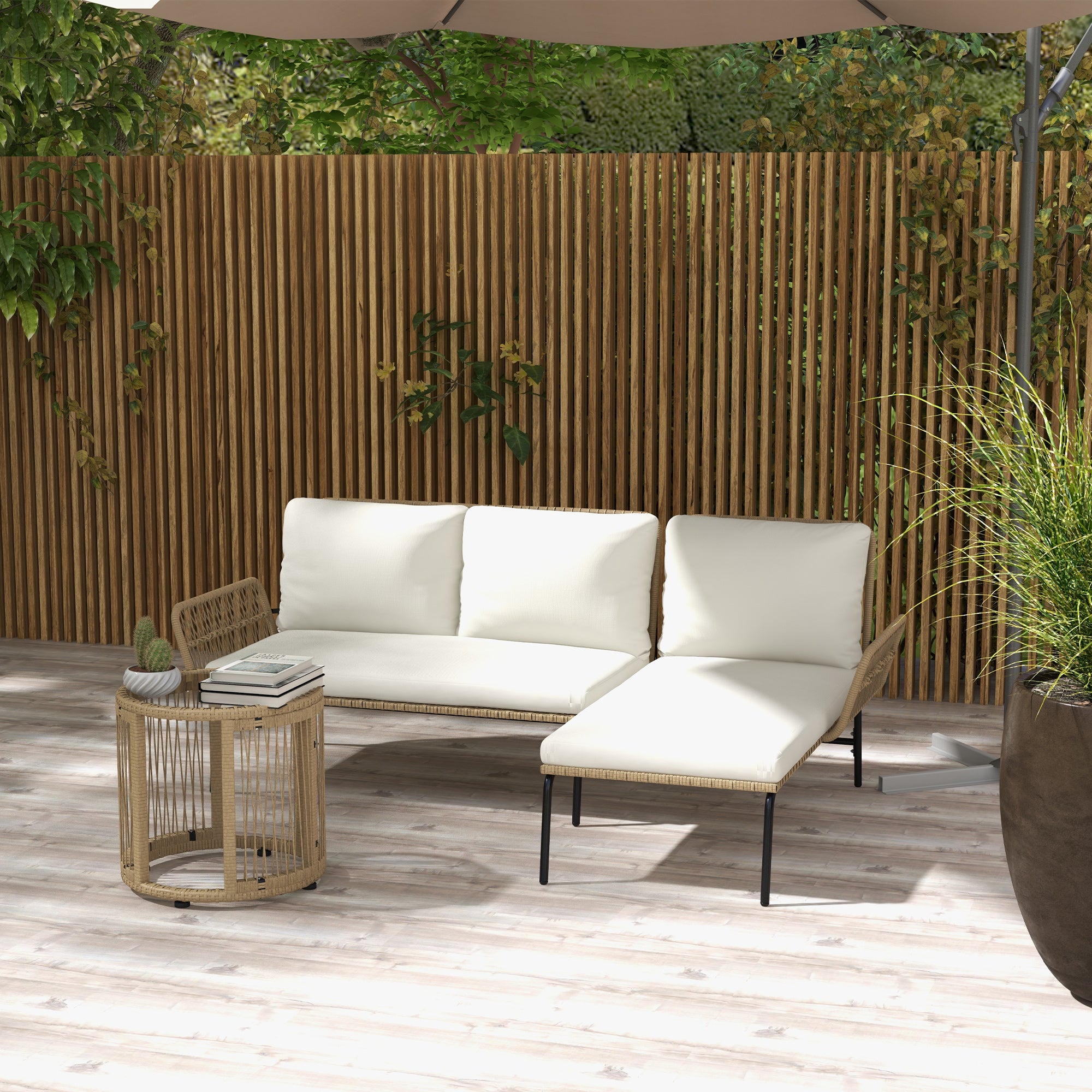 Solarias Salon de jardin extérieur d'angle 3 places en résine tressée avec canapés, chaise longue, table basse et coussins, 
