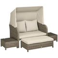 Solarias Ensemble salon de jardin 4 pièces canapé 2 places + 1 repose-pieds + 2 table basse avec coussins beige marron