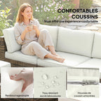 Solarias Salon de jardin extérieur d'angle 5 places en résine tressée, canapés, repose-pieds, table basse et coussins, crème