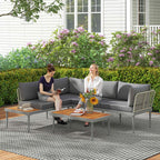 Solarias Salon de jardin extérieur 4 places modulable en bois d'acacia, canapé d'angle extérieur avec table basse et coussin