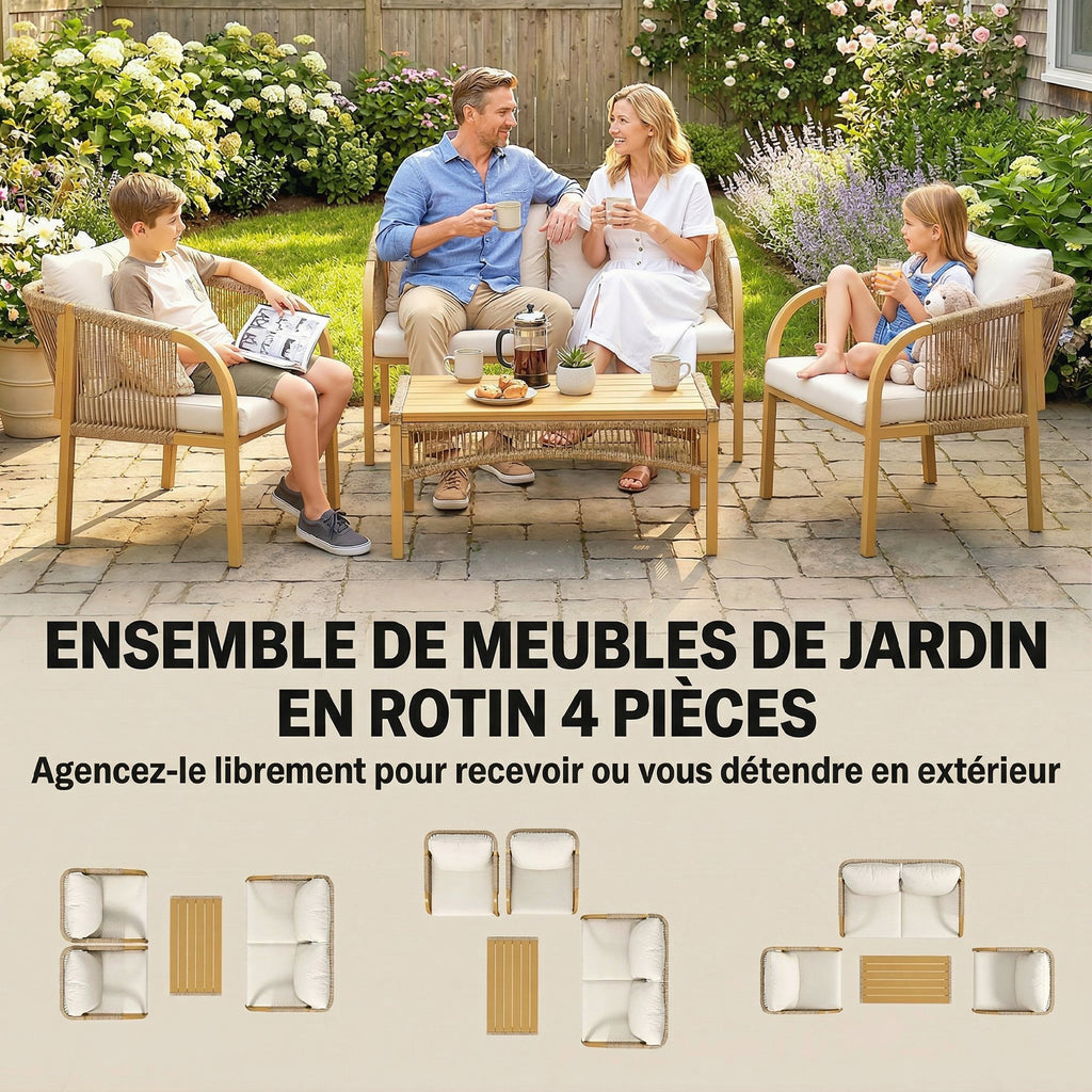 Solarias Salon de Jardin Extérieur 4 Pièces avec Canapé 2 Fauteuils Table Coussins, Acier Résine Tressée, 120x72x73cm, Kaki