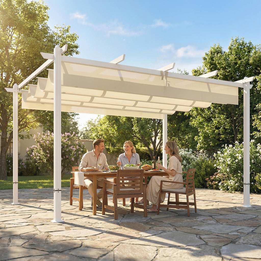 Solarias Pergola Tonnelle de Jardin Toit Rétractable avec Toile Coulissante Magnétique et Trous de Drainage 390x297x227cm Be