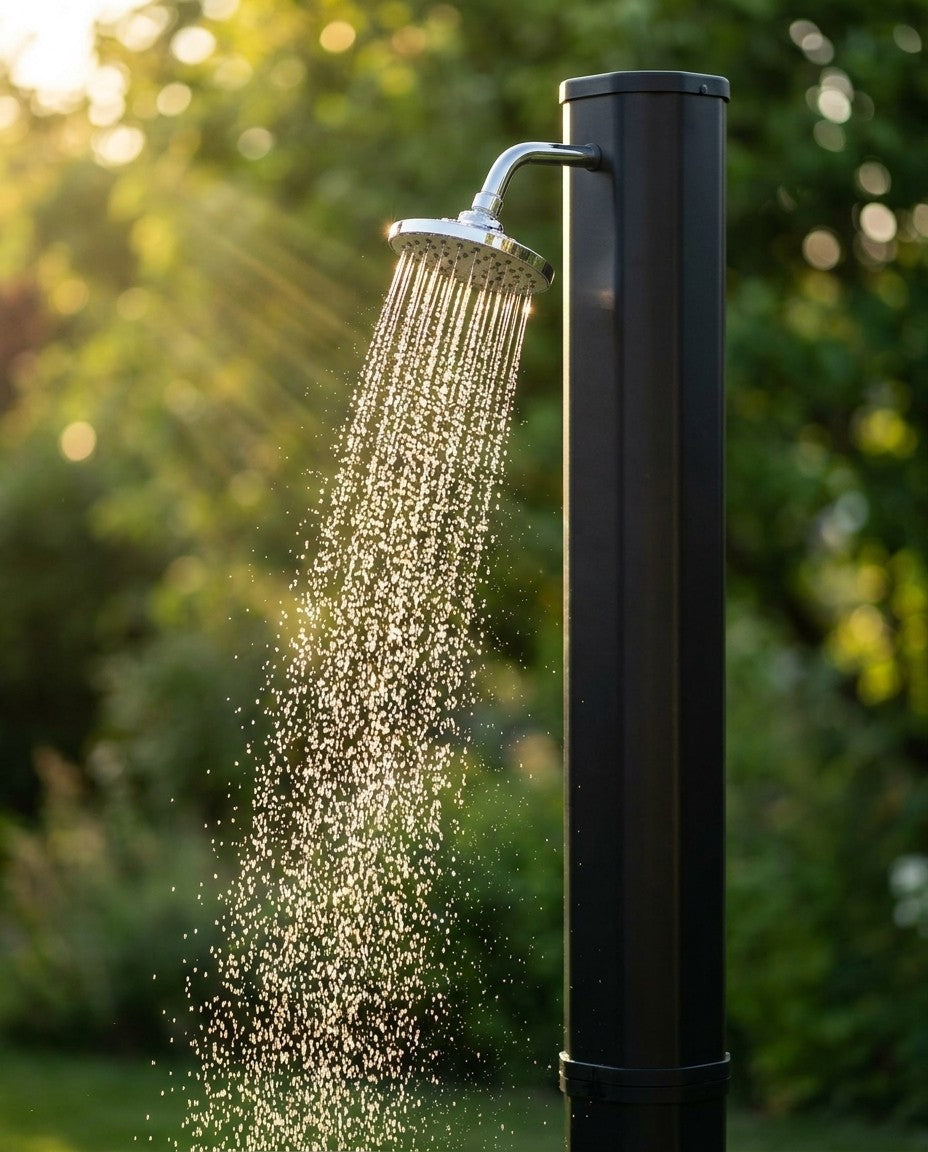 Pommeau de pluie chrome 15 cm de la douche solaire Solarias 40L avec eau qui coule