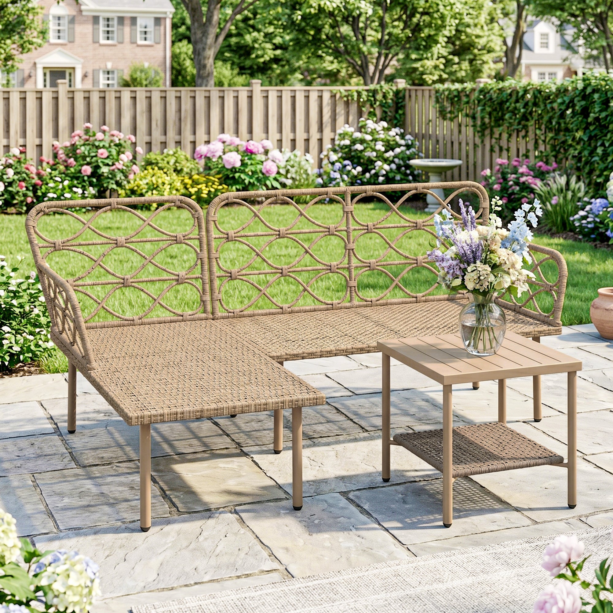 Solarias Salon de jardin d'angle 4 pers. 3 pièces avec 1 table basse coussins grand confort inclus résine tressée crème