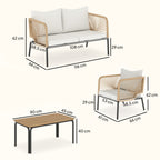 Solarias Ensemble de jardin pour 4 personnes, salon de jardin avec canapé 2 places, 2 fauteuils, table à lames, tressage cor