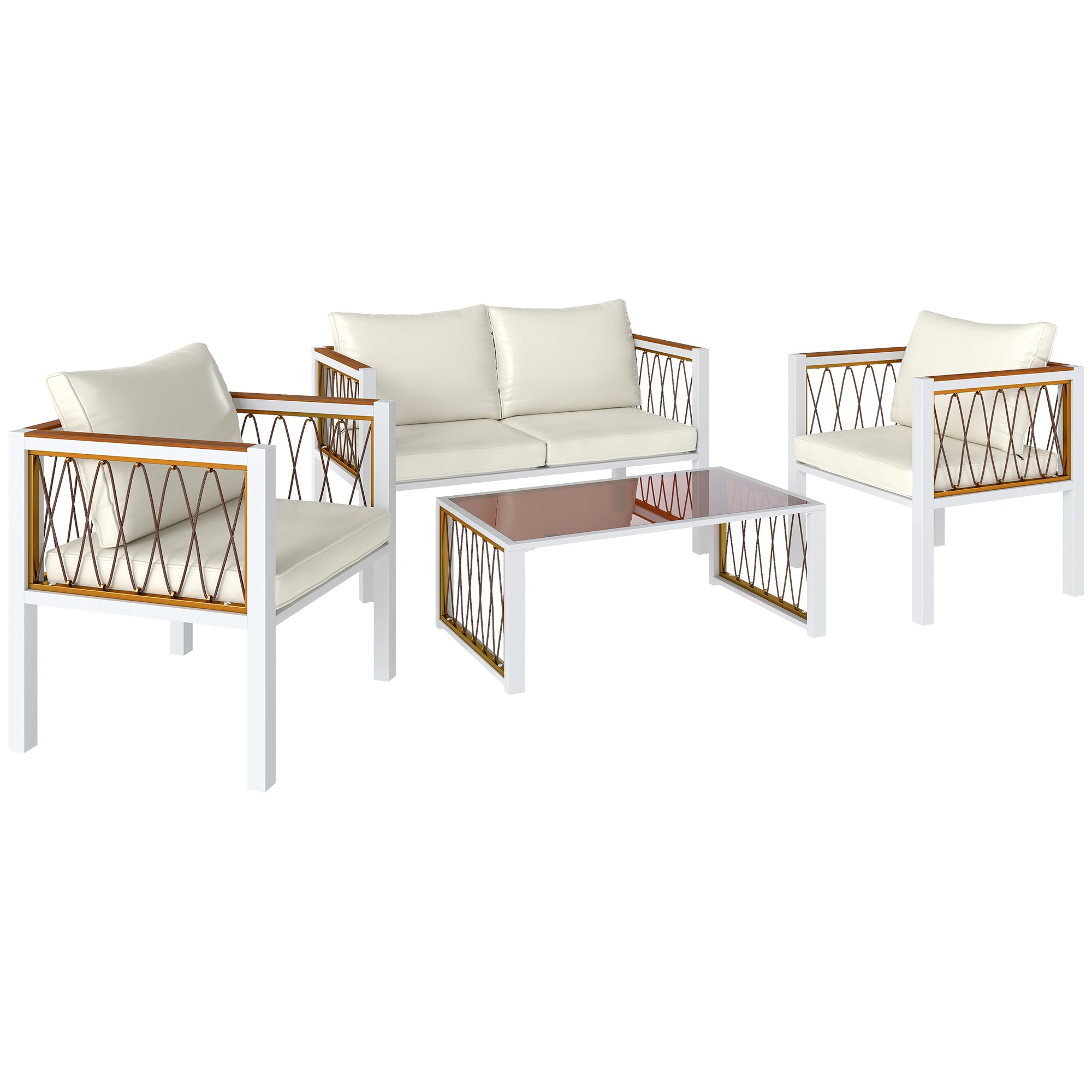 Solarias Ensemble de jardin 4 pièces en polyrattan, salon avec canapé 2 places, 2 fauteuils, table en verre, coussins amovib