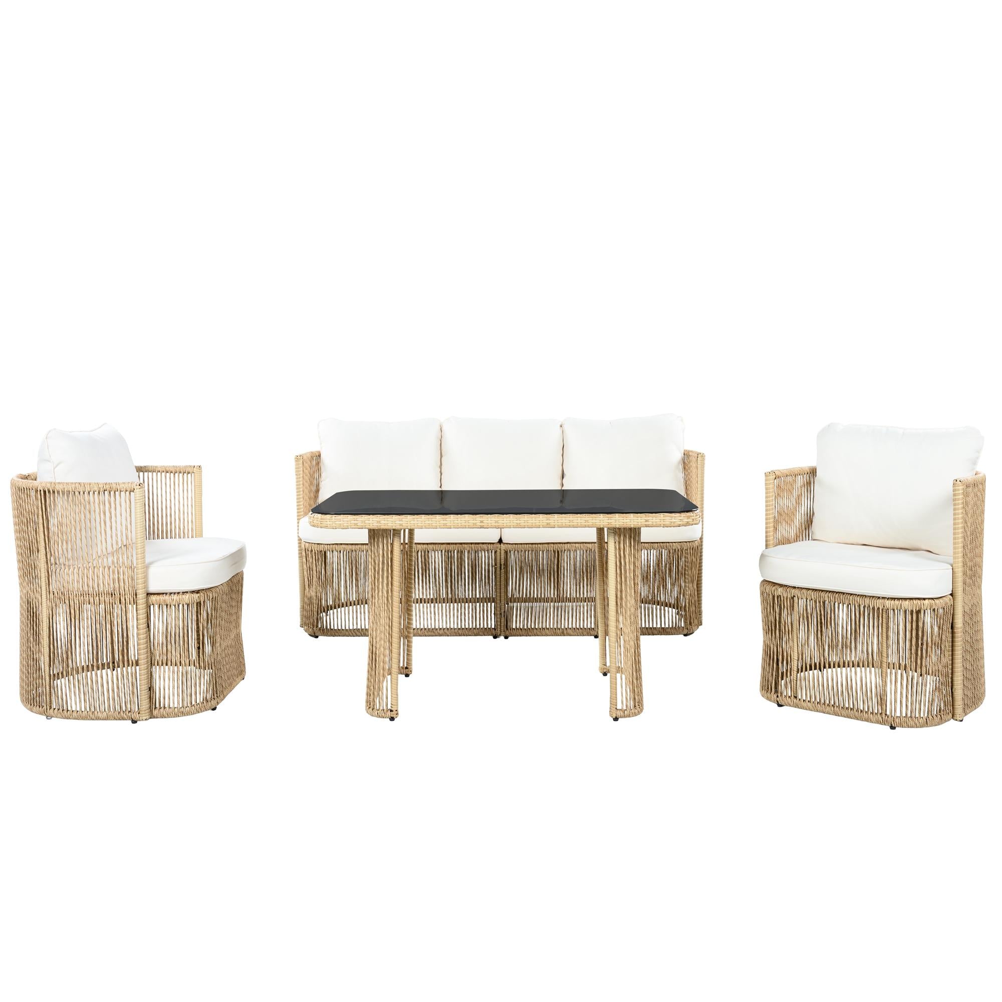 Solarias Ensemble de jardin 5‑pièces PE‑rotin, canapé 3‑places, 2 fauteuils et table en verre, Beige+Noir+Blanc