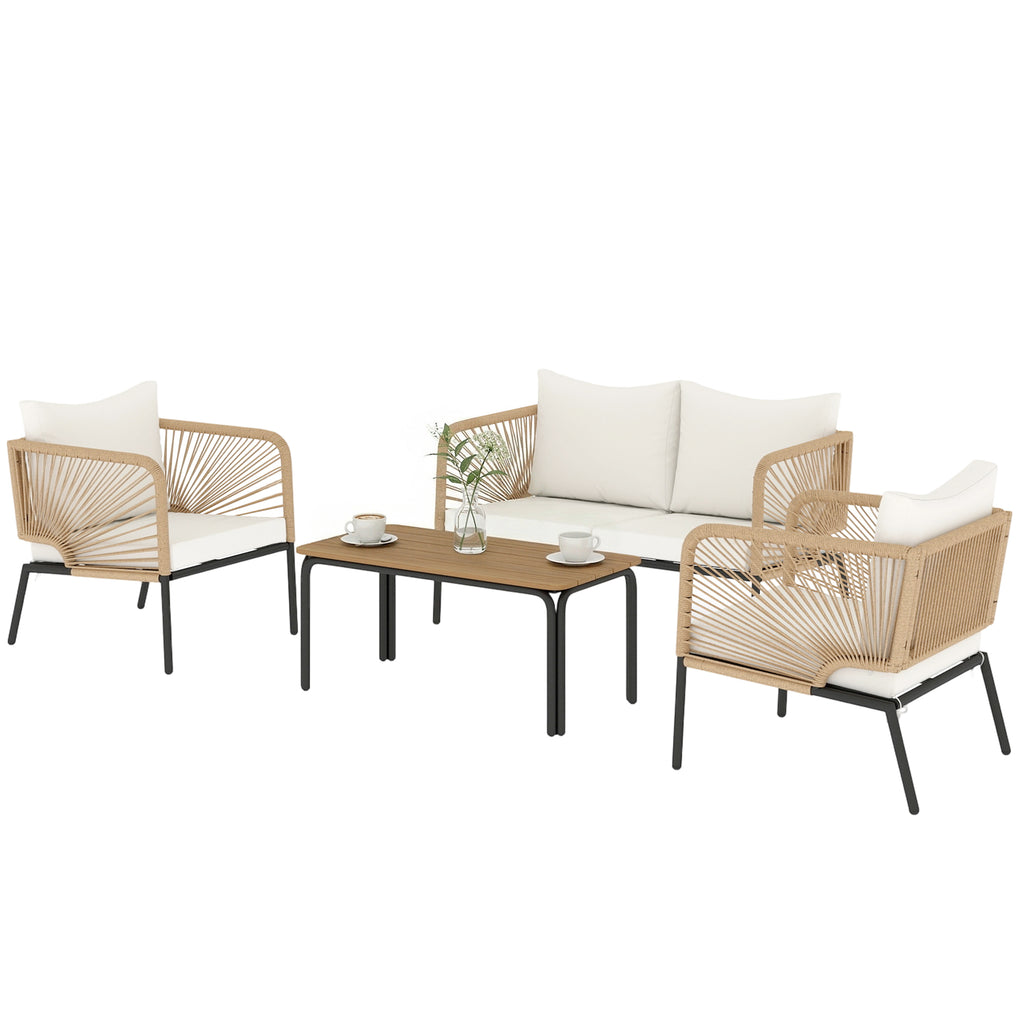 Solarias Ensemble de jardin pour 4 personnes, salon de jardin avec canapé 2 places, 2 fauteuils, table à lames, tressage cor