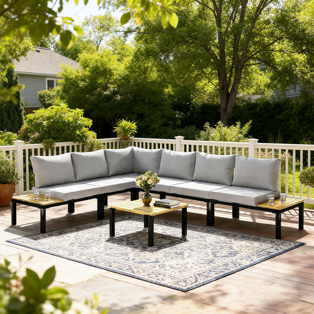 Solarias Salon de Jardin Modulaire 6 Pièces Ensemble Canapé Extérieur Transformable en Lit Table Basse et Plateaux Latéraux 