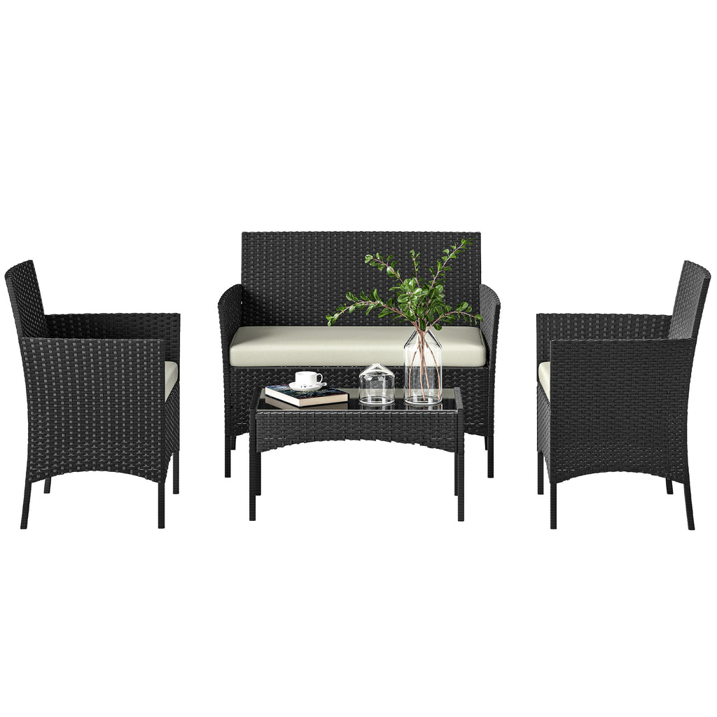 Solarias Ensemble mobilier de jardin en rotin synthétique avec canapé, fauteuils et table en verre trempé et coussins Noir e