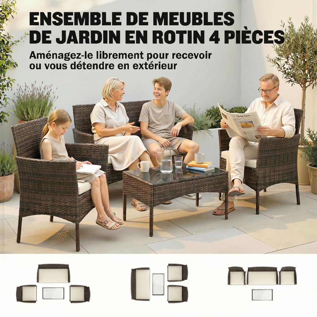 Solarias Salon de jardin extérieur 4 personnes en résine tressée avec canapés et table basse en verre trempé coussins inclus