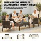 Solarias Salon de jardin extérieur 4 personnes en résine tressée avec canapés et table basse en verre trempé coussins inclus