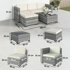Solarias Ensemble de jardin Polyrattan 5 pièces, set lounge avec canapé d'angle, pouf, table, coussins d'assise et de dossie