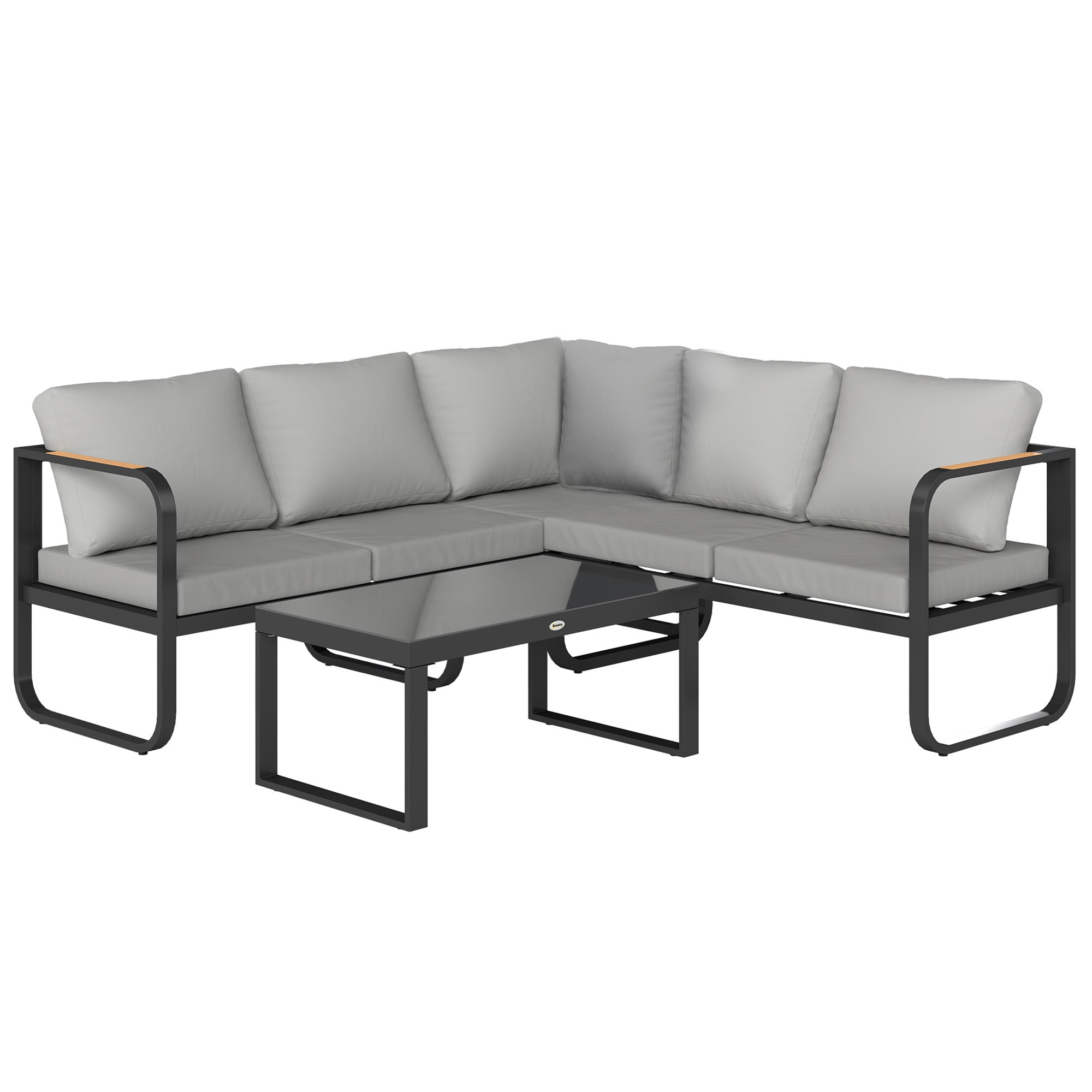 Solarias Salon de jardin extérieur 3 pièces en L avec canapés et table basse en verre, assise réglable 5 positions, gris
