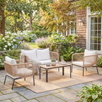 Solarias Ensemble de jardin pour 4 personnes, salon de jardin avec canapé 2 places, 2 fauteuils, table à lames, tressage cor