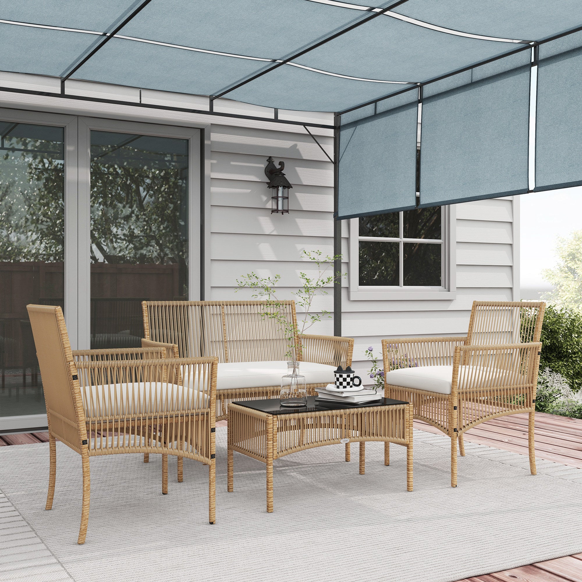 Solarias Ensemble salon de jardin 4 pièces canapé 2 places 2 fauteuils 1 table basse plateau verre trempé