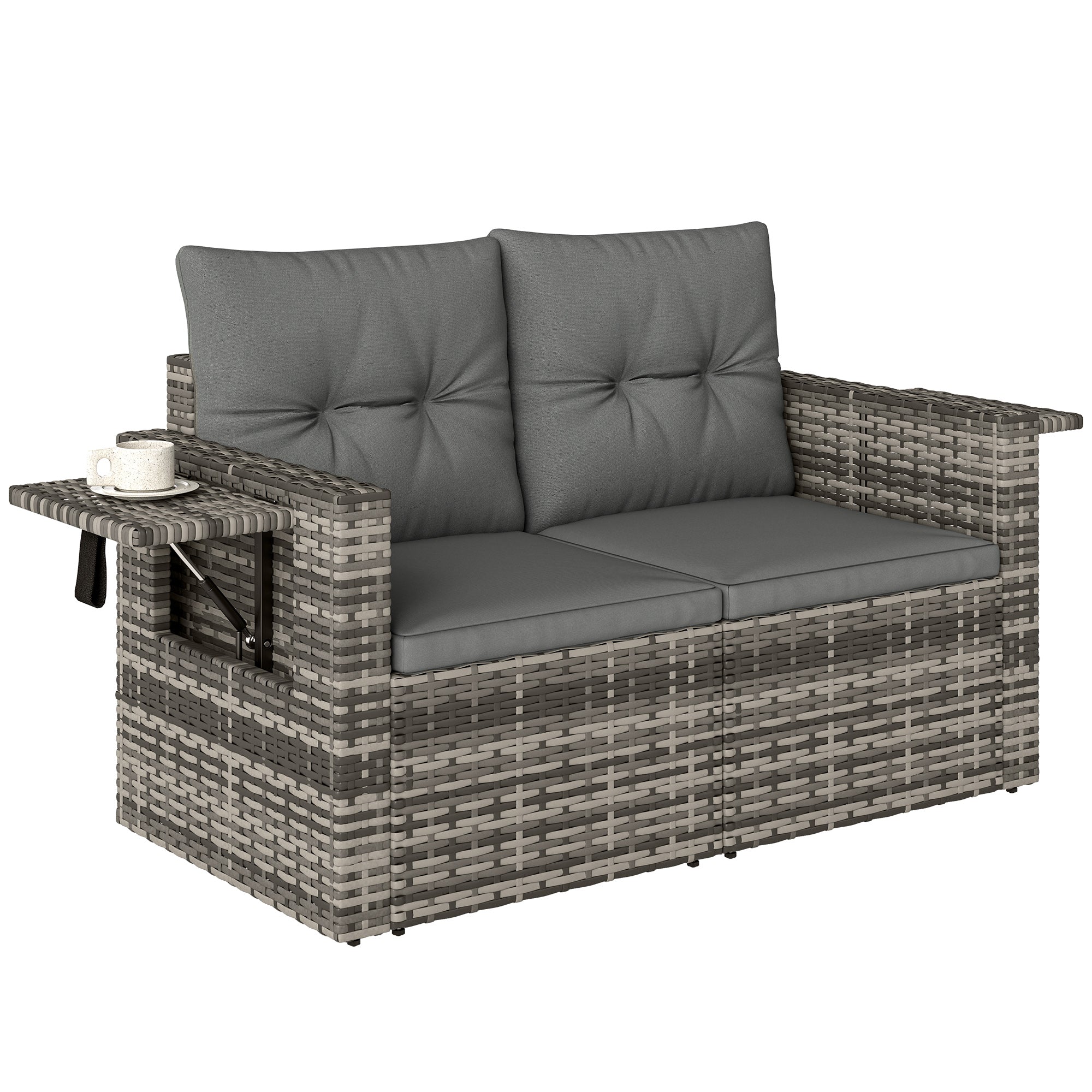 Solarias Canapé 2 places en rotin avec coussins Pliable Plateaux latéraux Sofa lounge Gris clair
